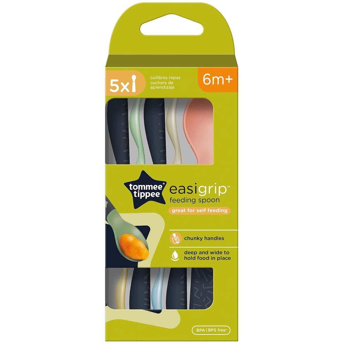 Tommee Tippee Easigrip Self-Feeding Weaning Spoons Chunky Handles 6M+ 5 Pack - Multicolour