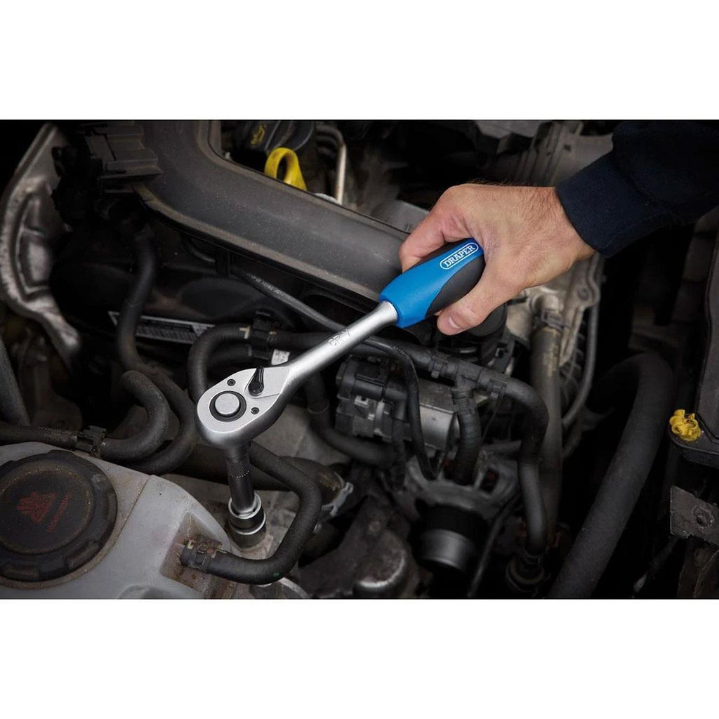 Draper 1/2 Inch Square Drive 72 Tooth Reversible Soft Grip Ratchet - Blue