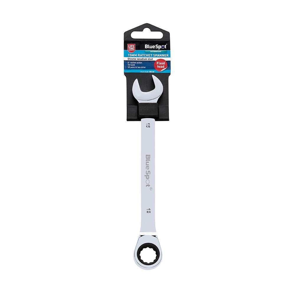 Blue Spot Tools Ratchet Spanner 15mm Chrome Vanadium Steel Fixed Head - Sliver