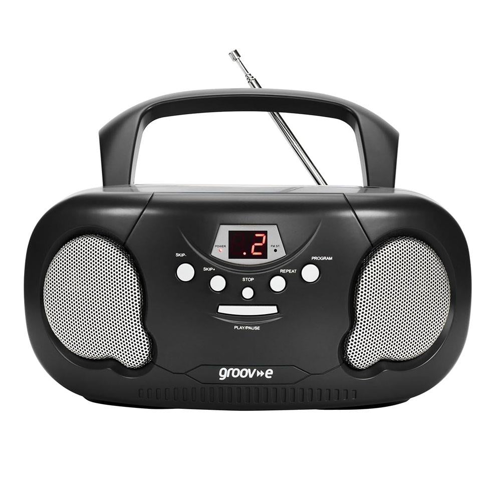 Groov-e Original Boombox Portable CD Player With Radio 3.5mm AUX Input Headphone Jack - Black
