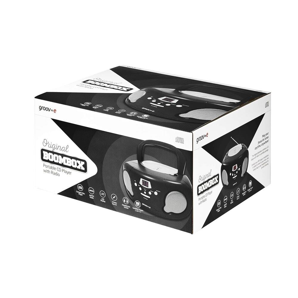 Groov-e Original Boombox Portable CD Player With Radio 3.5mm AUX Input Headphone Jack - Black