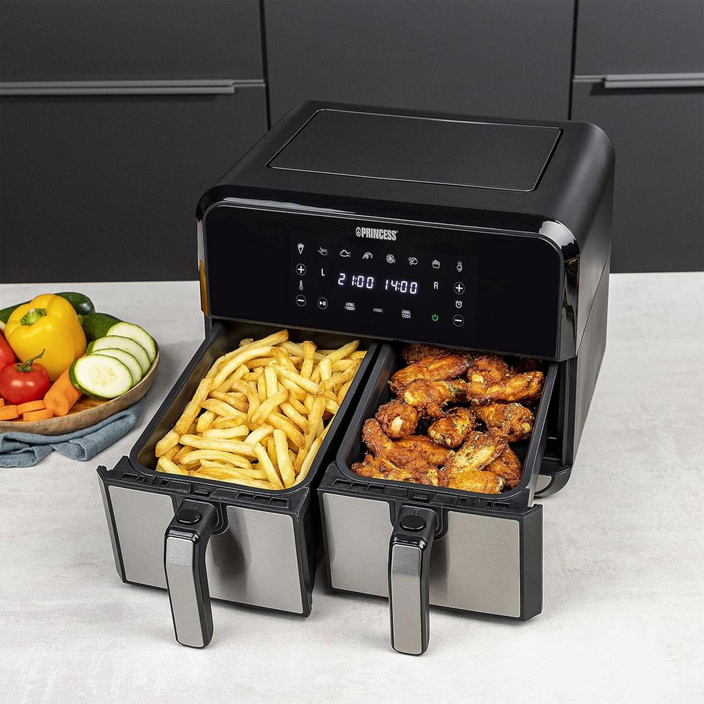 Princess Double Basket Air Fryer With 8 Pre-Programme Settings 1600W 8 Litres Capacity - Black/Silver