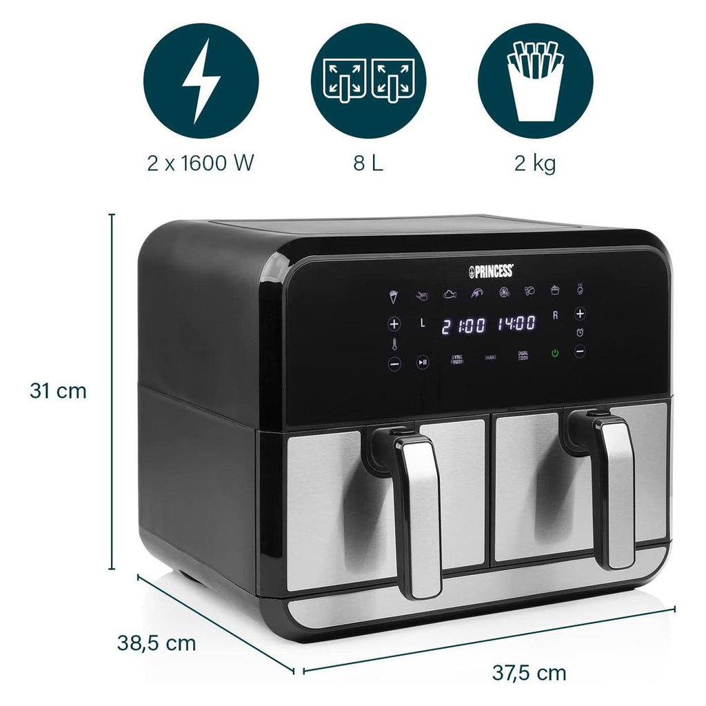Princess Double Basket Air Fryer With 8 Pre-Programme Settings 1600W 8 Litres Capacity - Black/Silver