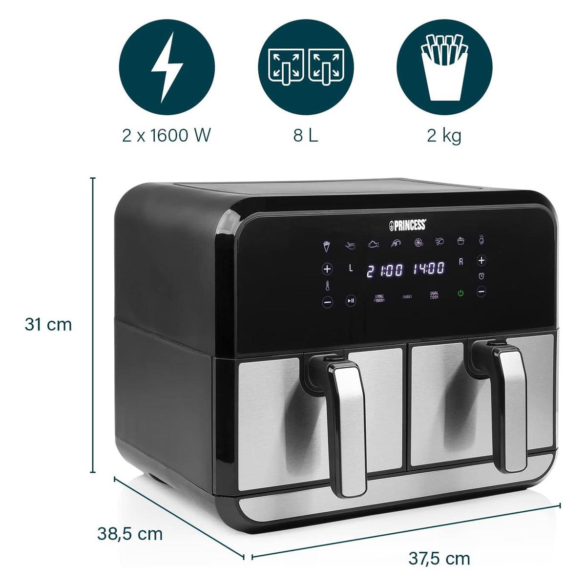 Princess Double Basket Air Fryer With 8 Pre-Programme Settings 1600W 8 Litres Capacity - Black/Silver