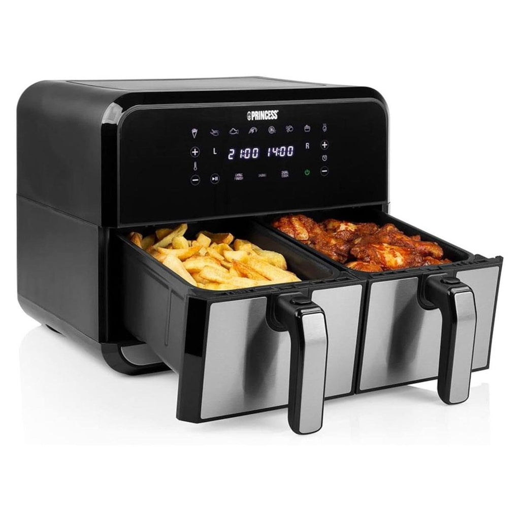 Princess Double Basket Air Fryer With 8 Pre-Programme Settings 1600W 8 Litres Capacity - Black/Silver