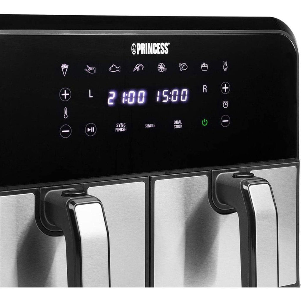 Princess Double Basket Air Fryer With 8 Pre-Programme Settings 1600W 8 Litres Capacity - Black/Silver