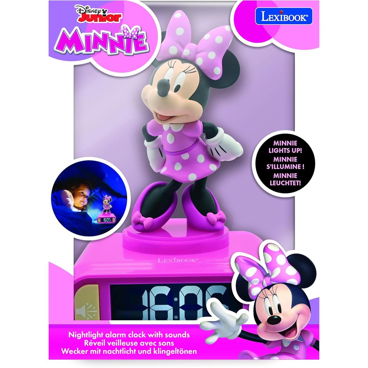 Lexibook 3D Minnie Mouse Childrens Clock With Night Light Alarm Snooze - Pink
