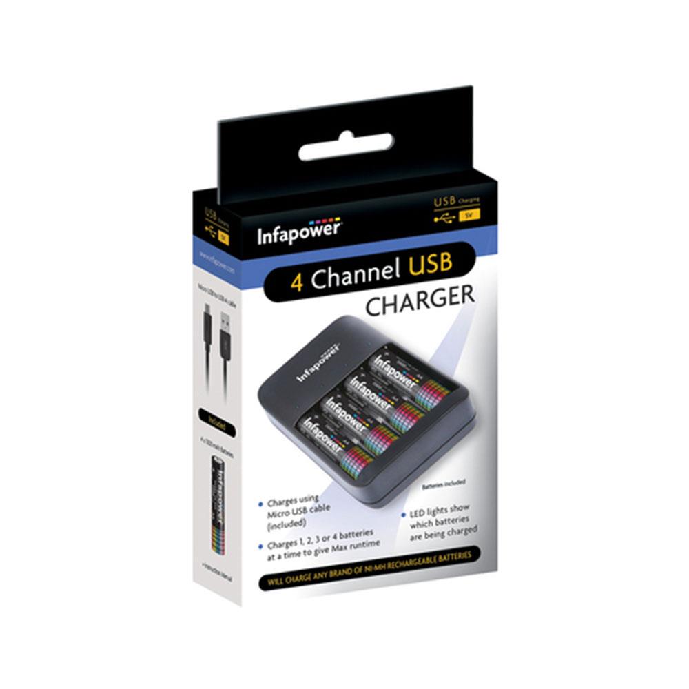 Infapower 4 Channel USB Battery Charger with 4 x AA 1300mAh Rechargeable Batteries Black
