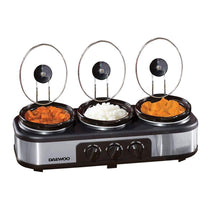 Daewoo Triple Slow Cooker With 3 Individual Heat Settings & Non Stick Ceramic Stainless Steel 3 x 1.5 Litres - Black & Silver