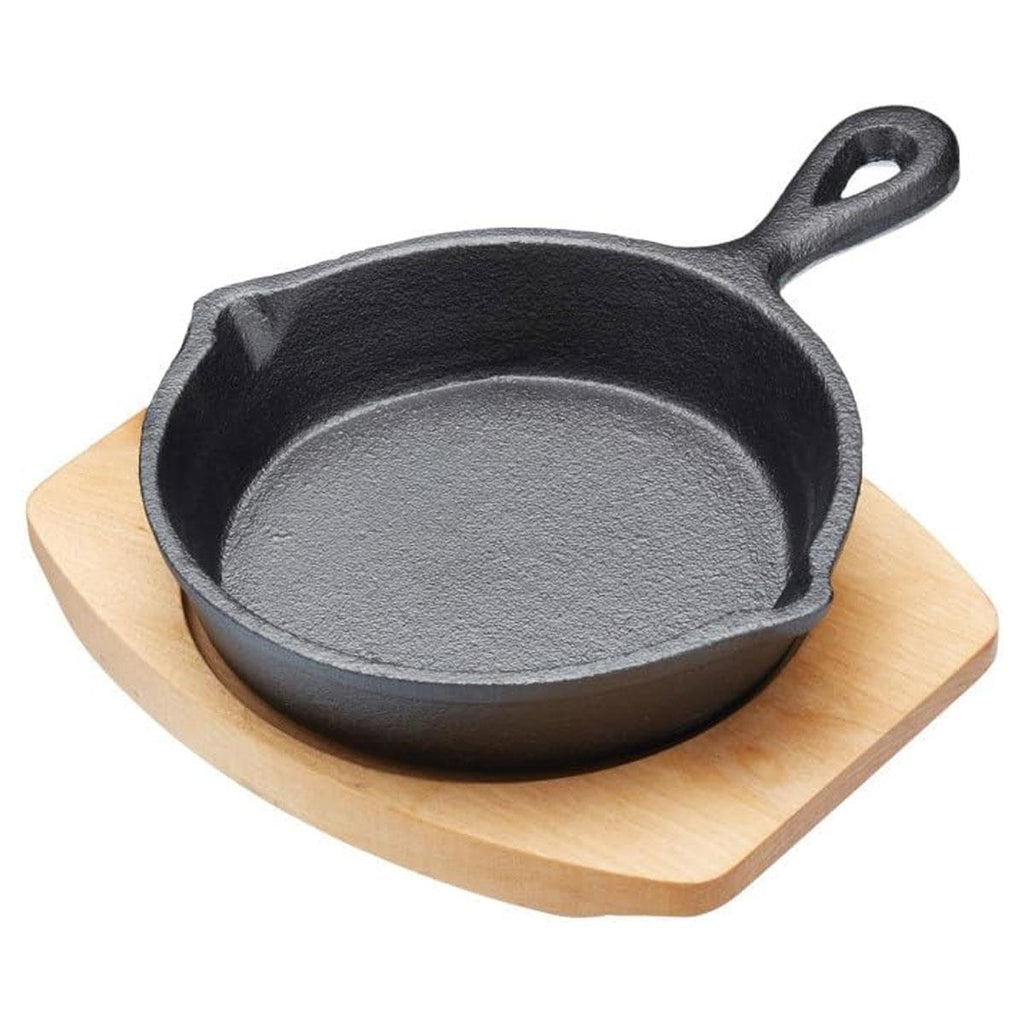 Artesa Mini Cast Iron Skillet Frying Pan With Serving Board 22.5 x 15 cm - Black/Beige