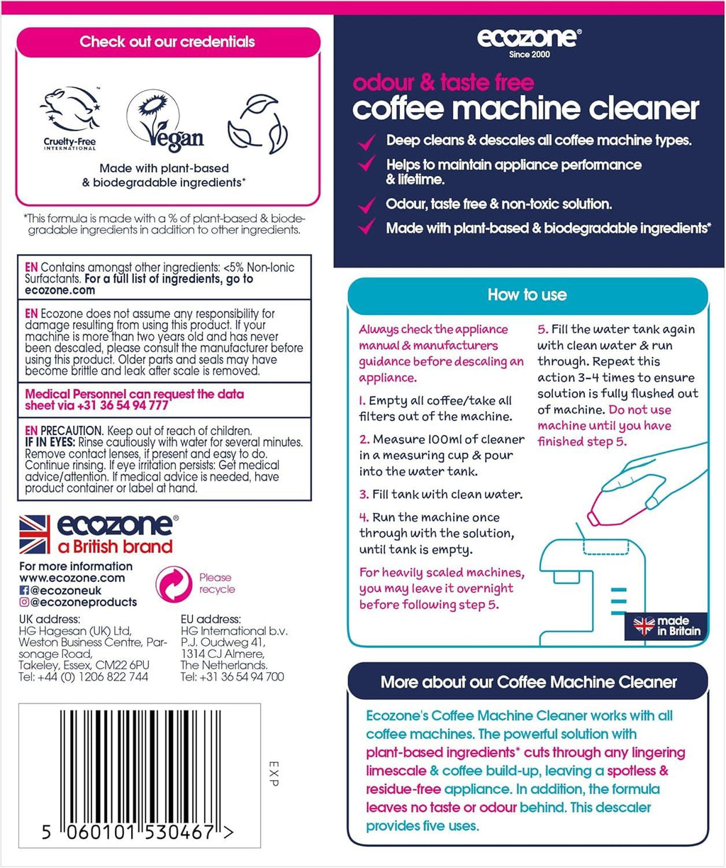 Ecozone Coffee Machine Cleaner & Descaler Cleans & Protects - 500ml