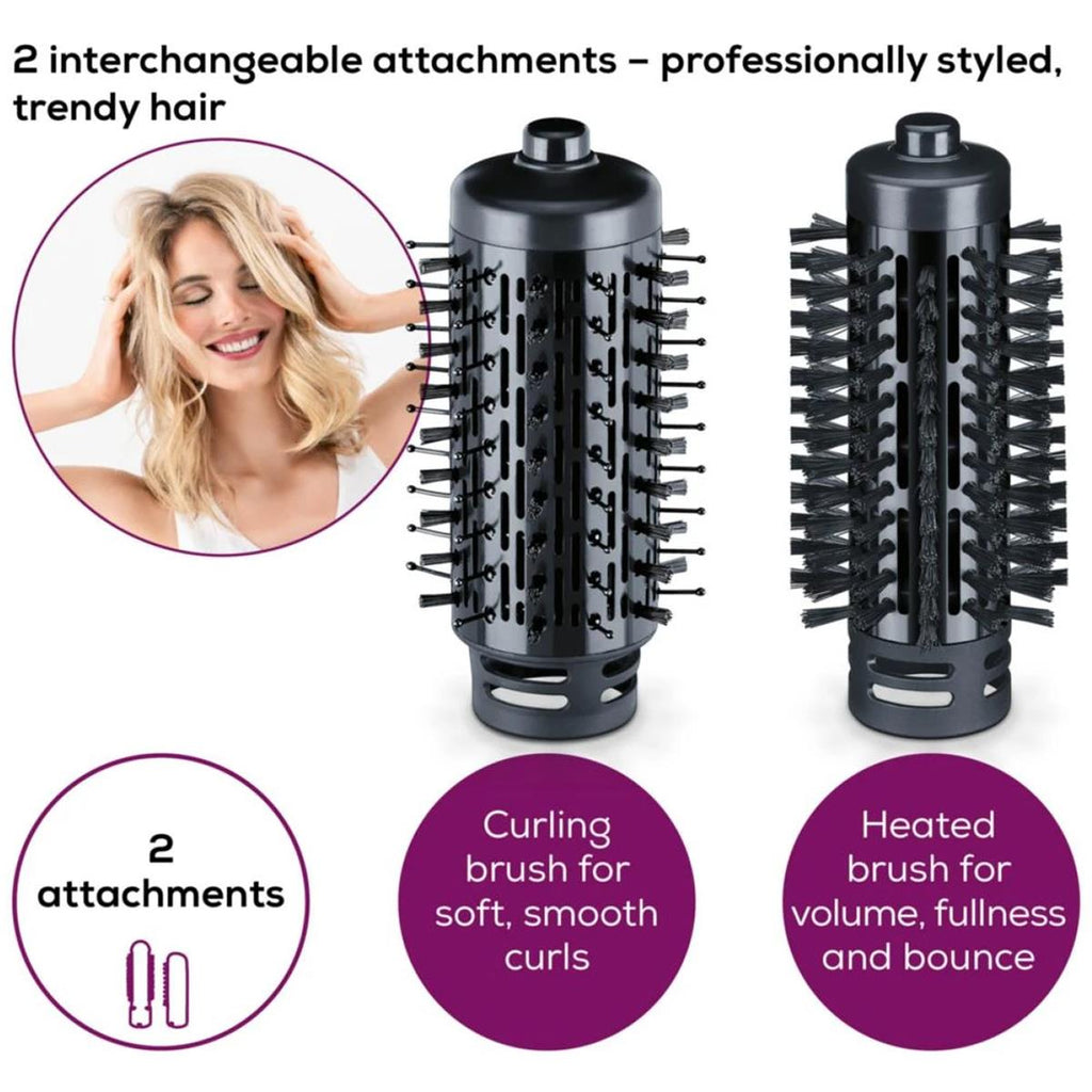 Beurer HT 80 Rotating Hot Air Brush With Ceramic Coating & 2 Heat Settings 1000W With 2 Attachments - Black
