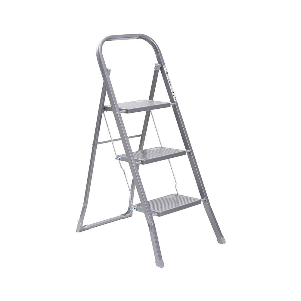 OurHouse 3 Tread Steel Step Ladders With Non-Slip Feet 150kg Load Capacity Folding Design - Silver