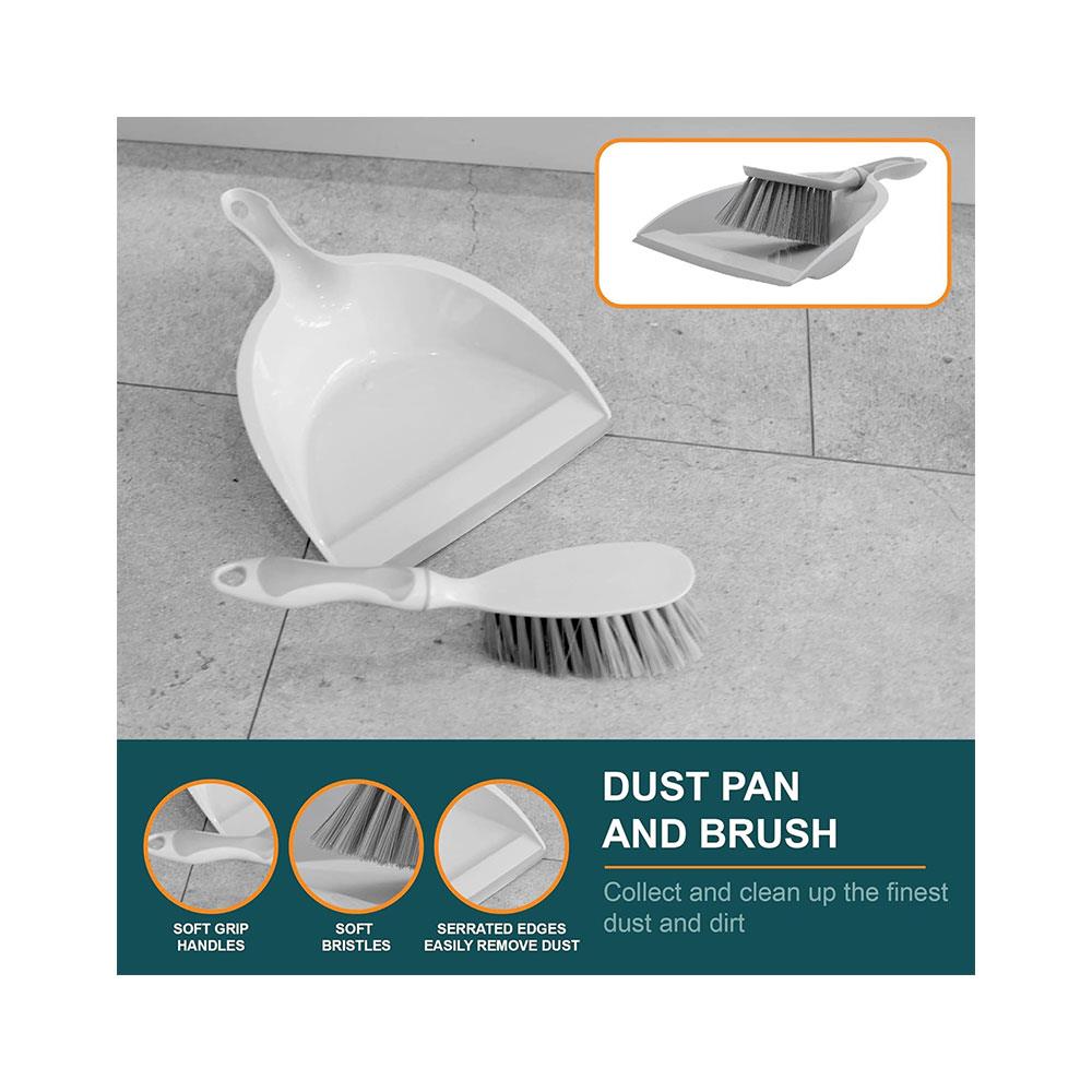 OurHouse Cleaning Brush Set 5 Piece Dustpan & Brush Long Handle Broom Washing Up Brush Handheld Scrubber - Grey