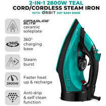 Tower CeraGlide Cord/Cordless Steam Iron With Rapid Heat-Up & Recharge 2800W 300ml Water Tank - Teal