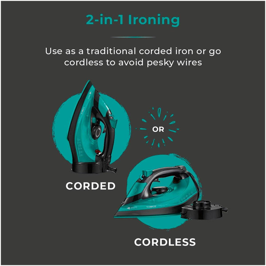 Tower CeraGlide Cord/Cordless Steam Iron With Rapid Heat-Up & Recharge 2800W 300ml Water Tank - Teal
