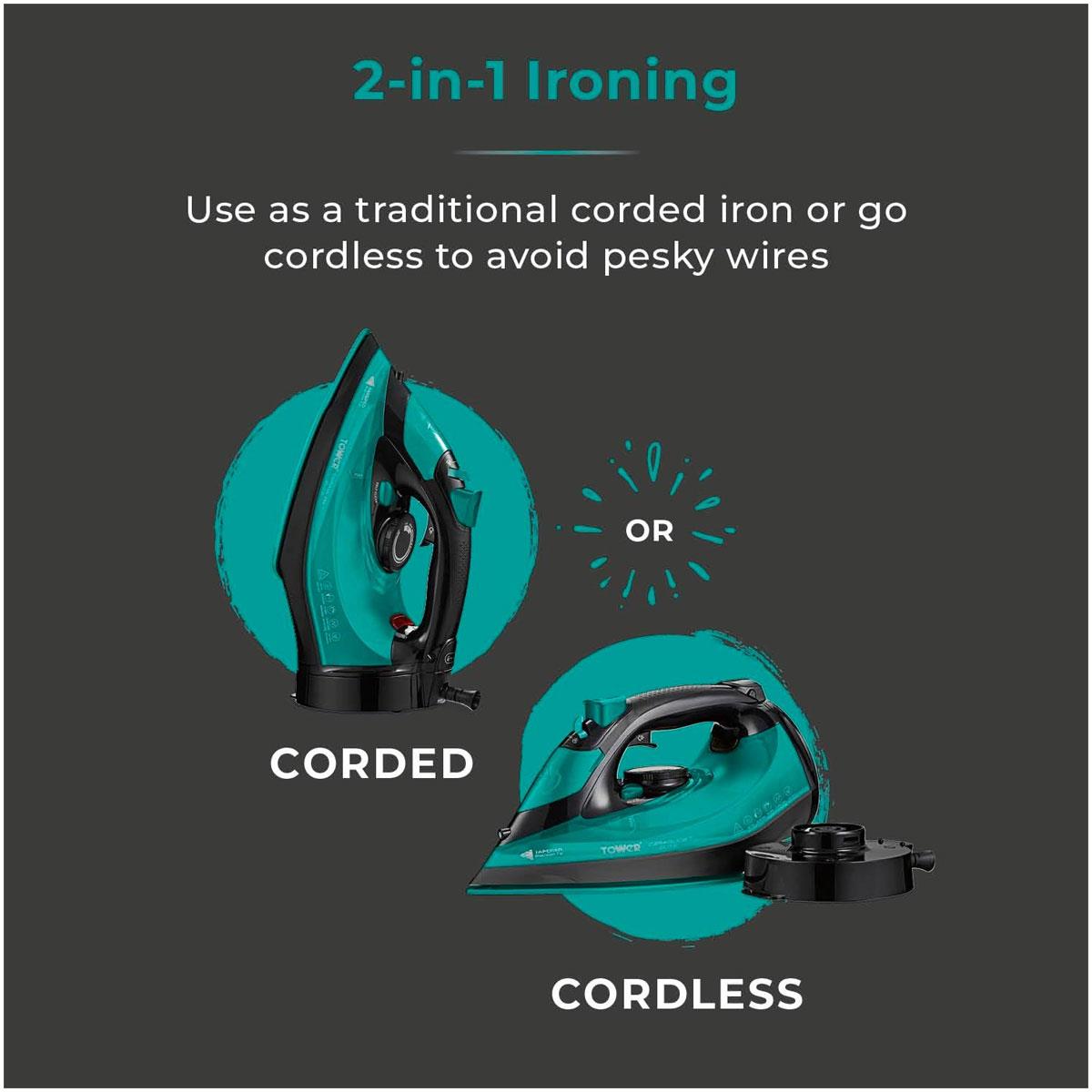 Tower CeraGlide Cord/Cordless Steam Iron With Rapid Heat-Up & Recharge 2800W 300ml Water Tank - Teal