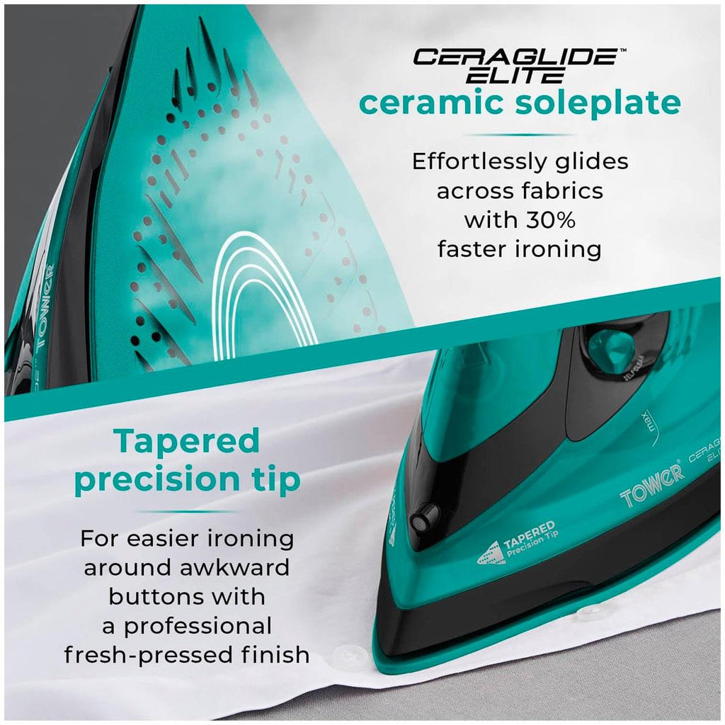 Tower CeraGlide Cord/Cordless Steam Iron With Rapid Heat-Up & Recharge 2800W 300ml Water Tank - Teal