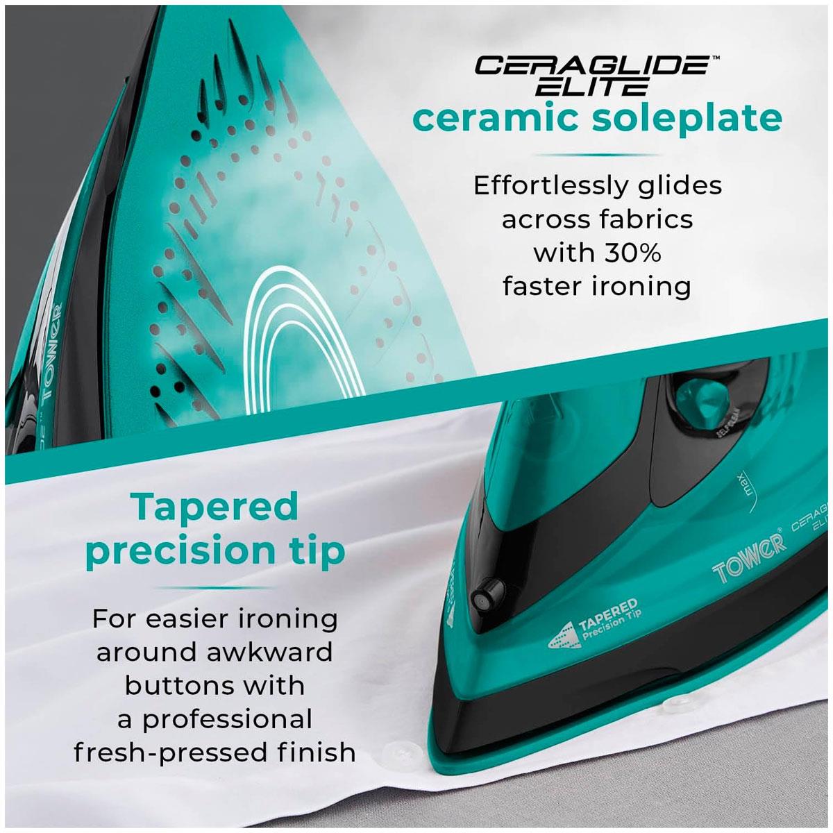 Tower CeraGlide Cord/Cordless Steam Iron With Rapid Heat-Up & Recharge 2800W 300ml Water Tank - Teal