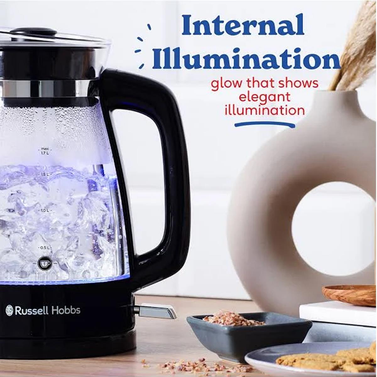 Russell Hobbs Classic Cordless Electric Glass Jug Kettle Blue Internal Illumination 3000W 1.7 Litres - Black