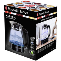 Russell Hobbs Classic Cordless Electric Glass Jug Kettle Blue Internal Illumination 3000W 1.7 Litres - Black