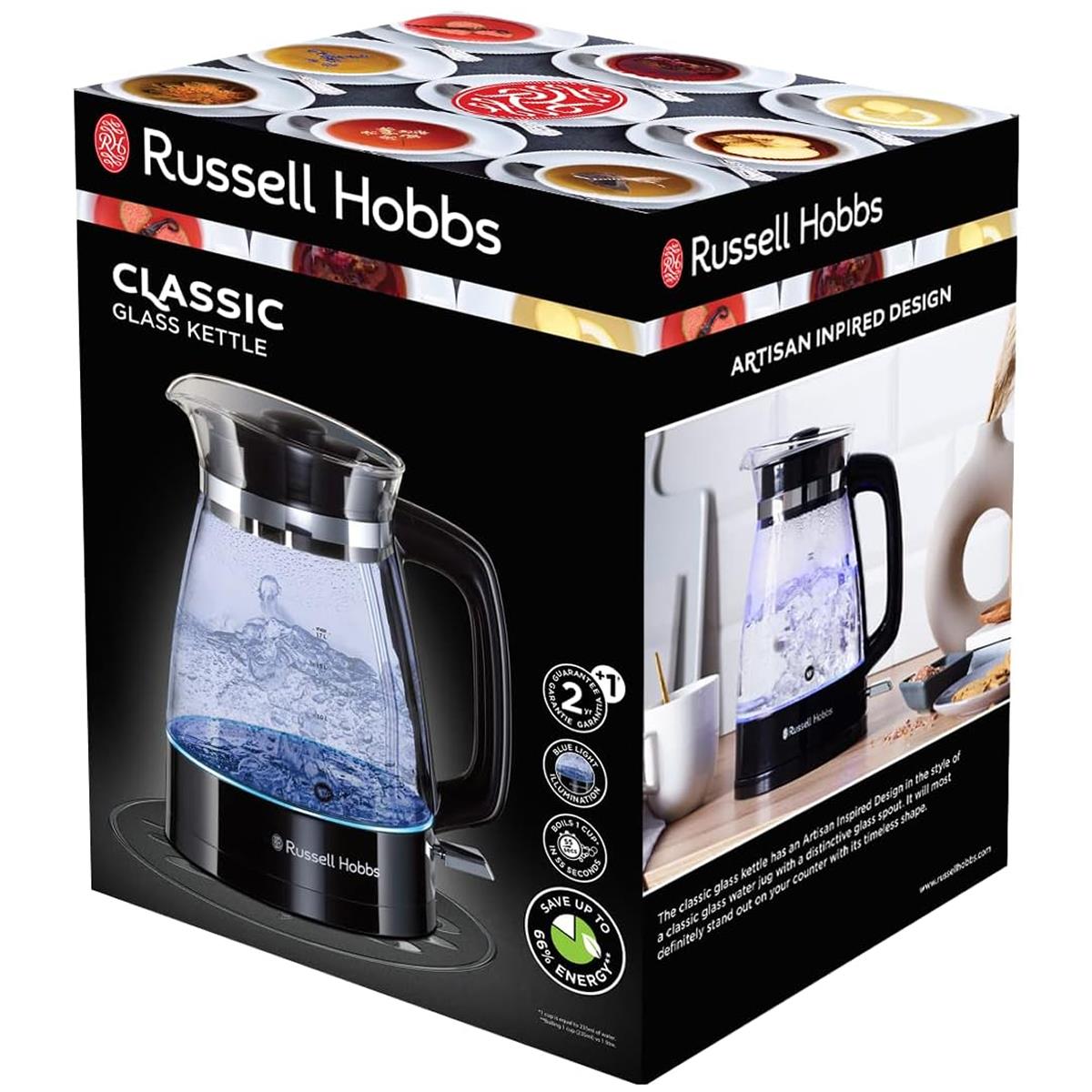 Russell Hobbs Classic Cordless Electric Glass Jug Kettle Blue Internal Illumination 3000W 1.7 Litres - Black