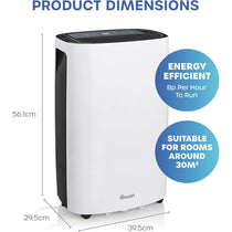 Swan Activair Low Energy Dehumidifier 20 Litre With LED Display Auto Shut Off 24 Hour Timer - White