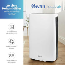 Swan Activair Low Energy Dehumidifier 20 Litre With LED Display Auto Shut Off 24 Hour Timer - White
