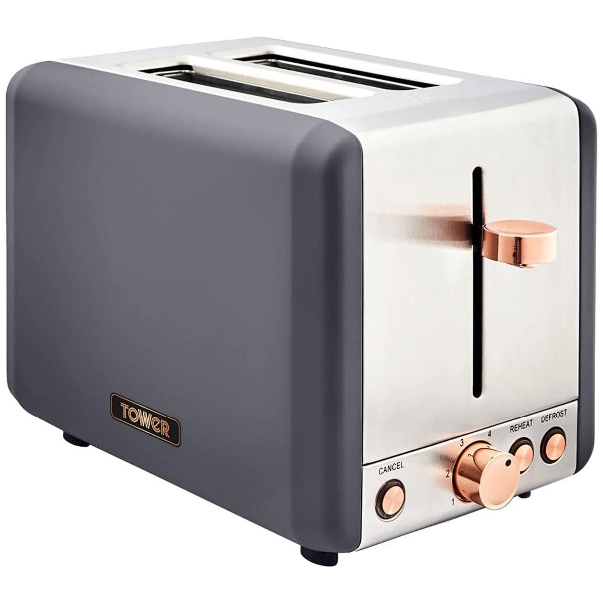 Tower Cavaletto 2 Slice Toaster Stainless Steel 850W - Grey & Rose Gold