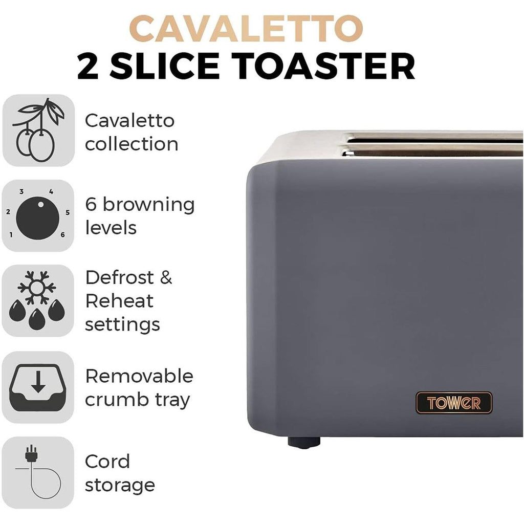 Tower Cavaletto 2 Slice Toaster Stainless Steel 850W - Grey & Rose Gold