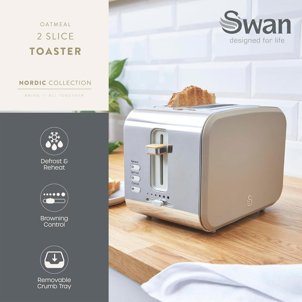 Swan Nordic Style 2 Slice Toaster With 6 Browning Levels 900W - Oatmeal