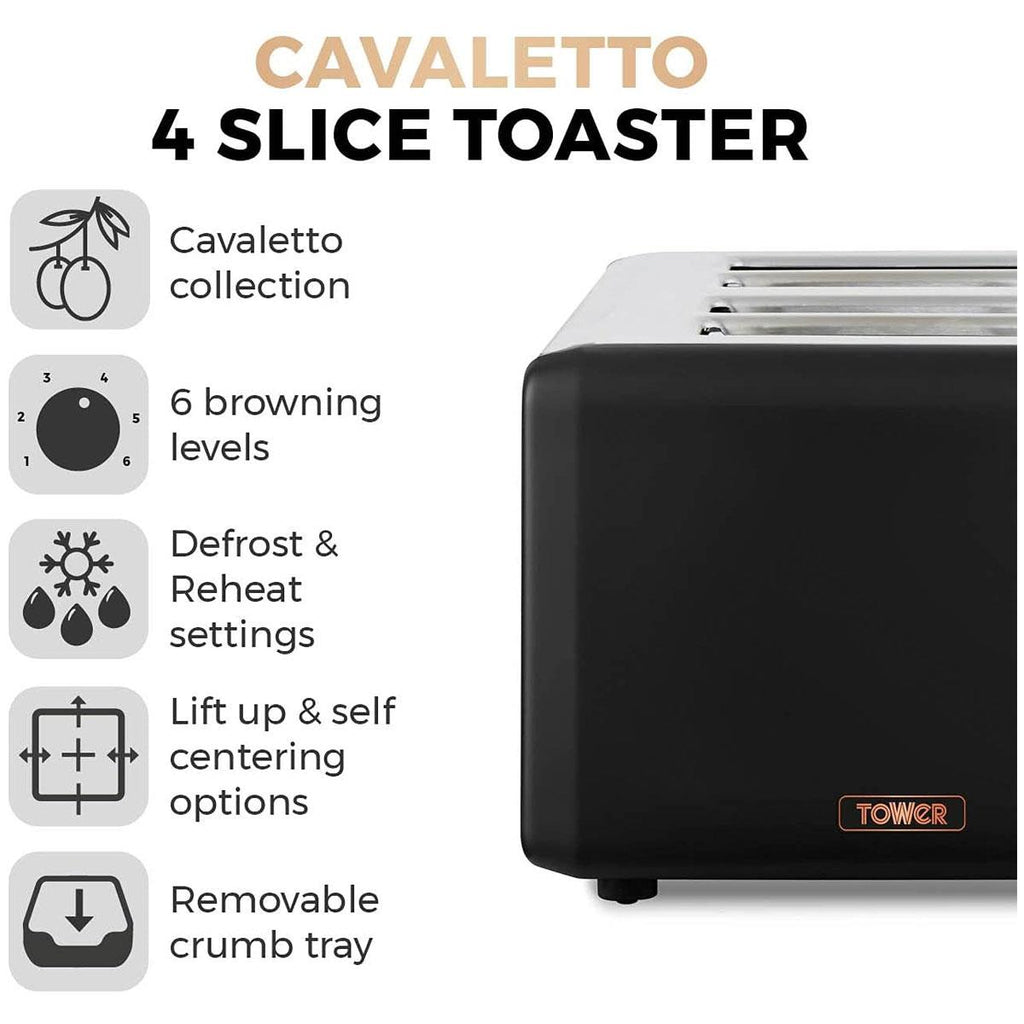Tower Cavaletto 4 Slice Toaster Stainless Steel 1800W - Black & Rose Gold