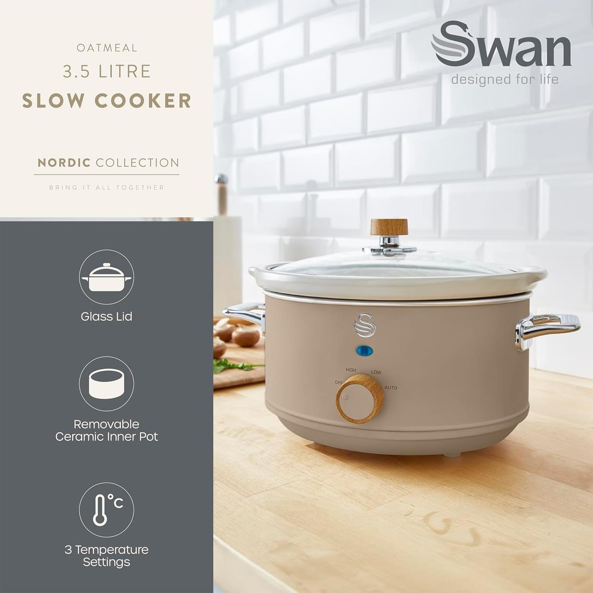 Swan Nordic Slow Cooker 3.5 Litres With Glass Lid & 3 Temperature Settings 200W - Oatmeal
