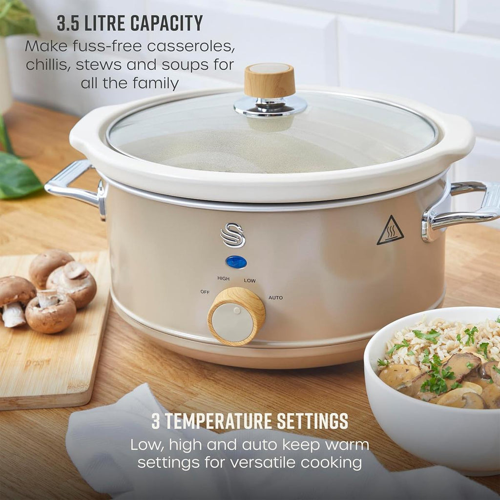 Swan Nordic Slow Cooker 3.5 Litres With Glass Lid & 3 Temperature Settings 200W - Oatmeal