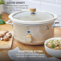 Swan Nordic Slow Cooker 3.5 Litres With Glass Lid & 3 Temperature Settings 200W - Oatmeal