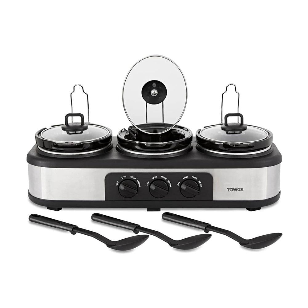 Tower Three Pot Slow Cooker With Independent Temperature Controls Stainless Steel 3 x 1.5 Litre - Black
