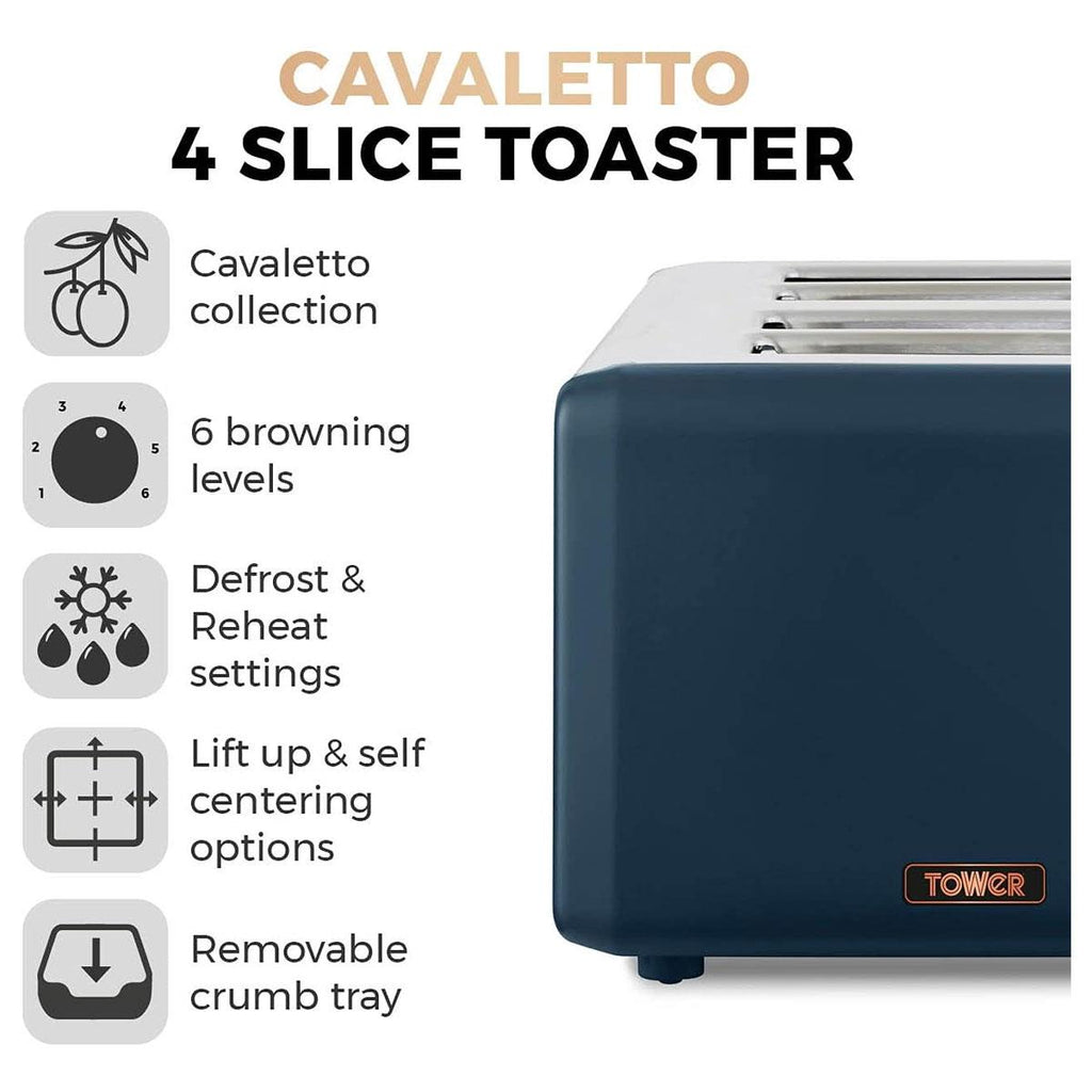 Tower Cavaletto 4 Slice Toaster Stainless Steel 1800W - Midnight Blue & Rose Gold