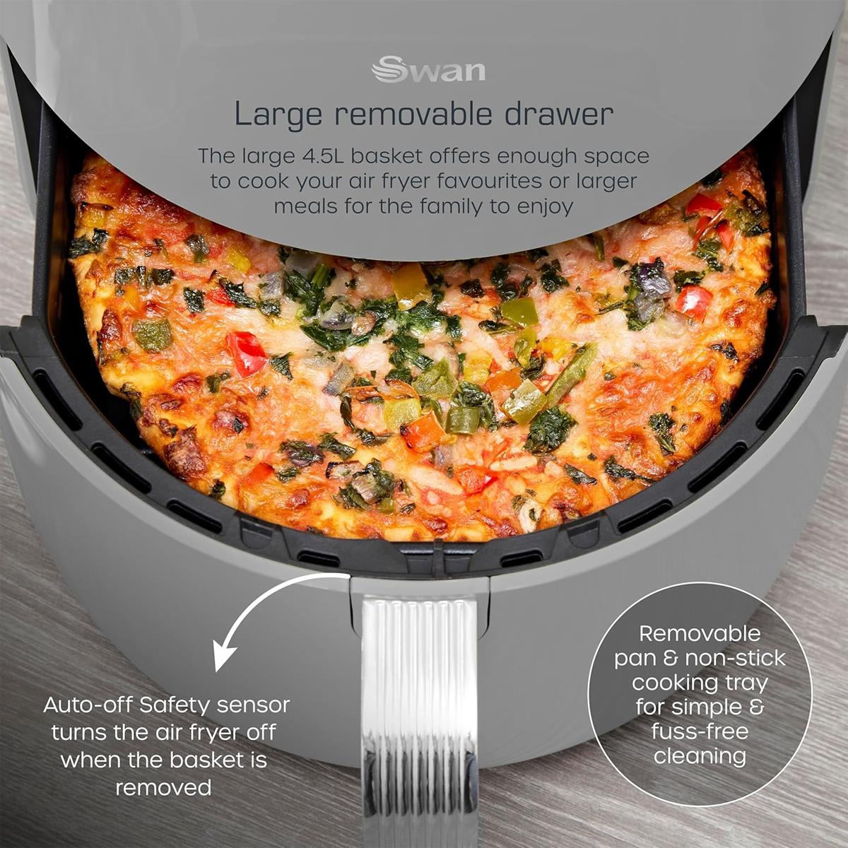 Swan Retro Digital Air Fryer 4.5 Litres With 8 Pre-Set Cooking Options Adjustable Temperature 1500W - Grey