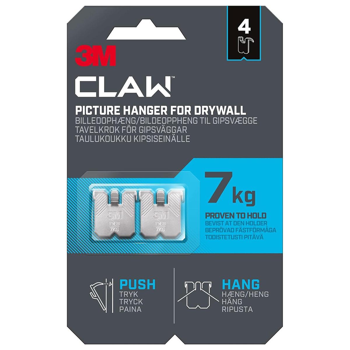 3M CLAW Plasterboard Drywall Picture Hanger Wall Hooks Alloy Steel Mirror Frame Hanging Mounting Solution Steel Color 7kg Capacity 4 Pack Main image