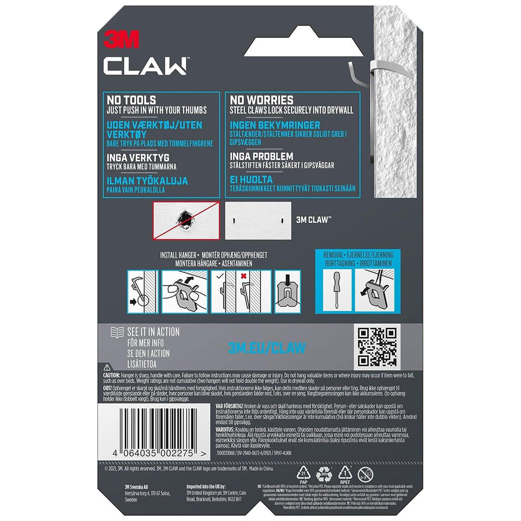 3M CLAW Drywall Picture Hanger Holds Up To 7kg Pack of 4