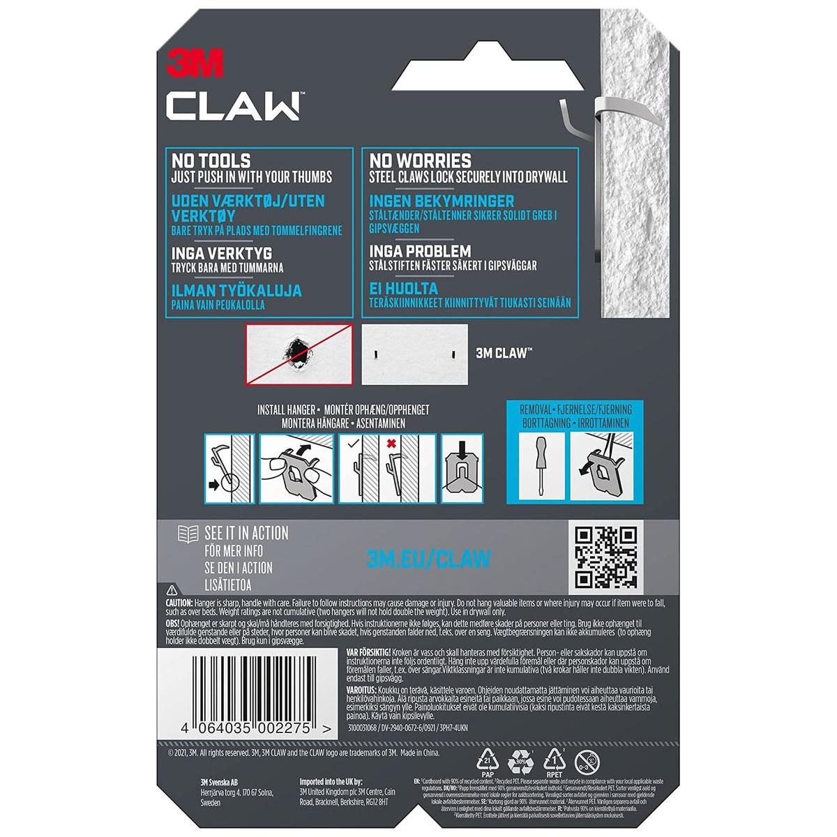 3M CLAW Drywall Picture Hanger Holds Up To 7kg Pack of 4