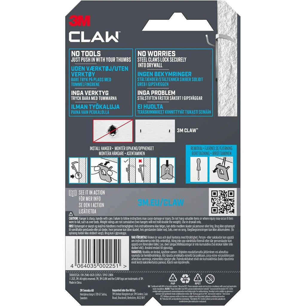 3M CLAW Drywall Picture Hanger Holds Up To 7kg Pack of 2