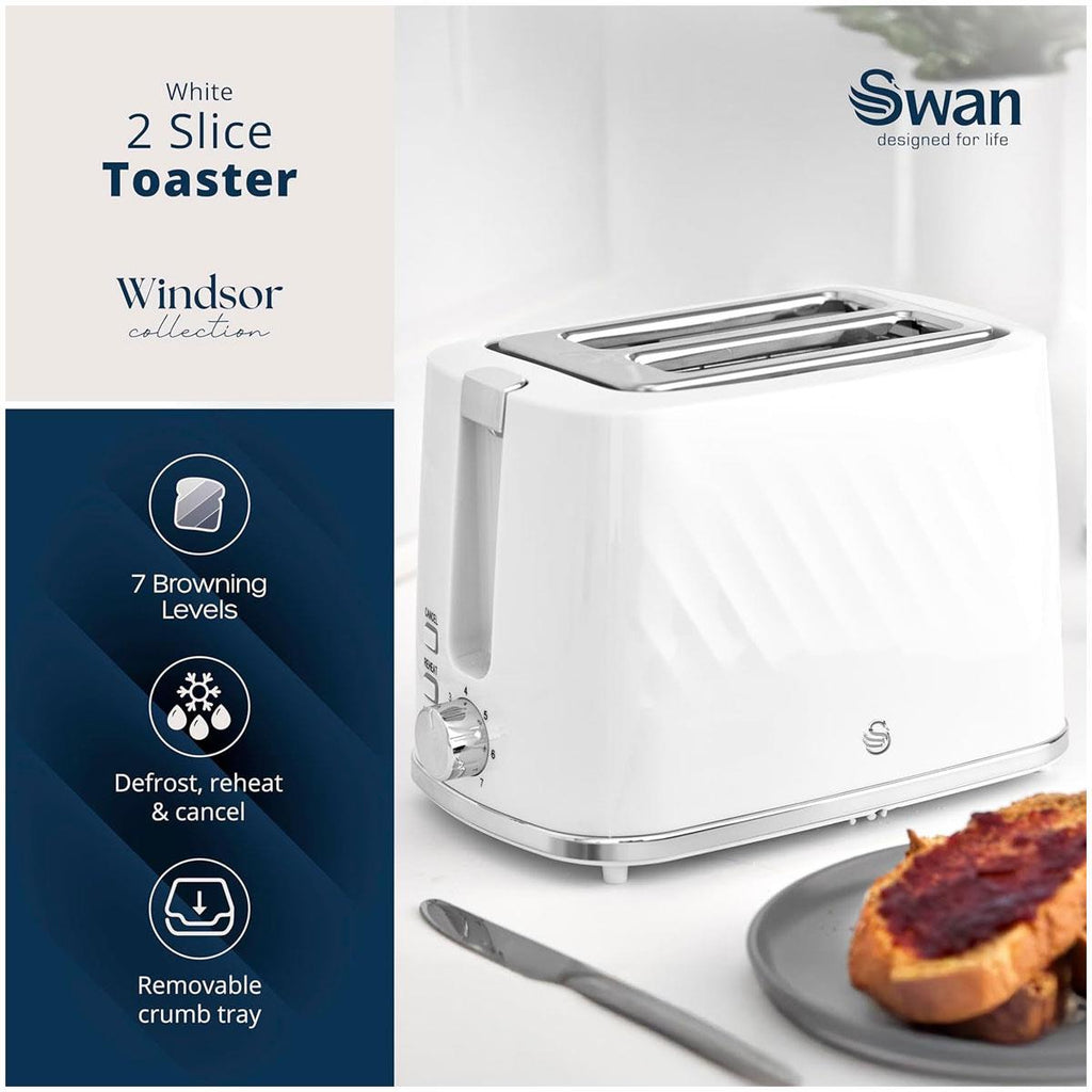 Swan Windsor 2 Slice Toaster With 7 Browning Levels Defrost Reheat Cancel Functions 900W - White