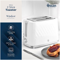 Swan Windsor 2 Slice Toaster With 7 Browning Levels Defrost Reheat Cancel Functions 900W - White
