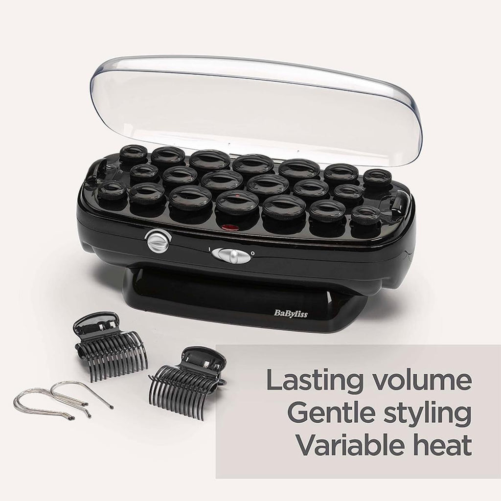 BaByliss Thermo-Ceramic Heated Hair Rollers 20 Rollers 8 Large 6 Medium 6 Small With Clips & Pins - Black