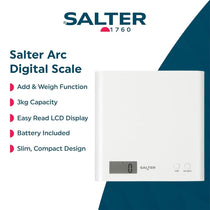 Salter Arc Digital Kitchen Scale 3kg Capacity LCD Display Slim Design Compact Storage - White