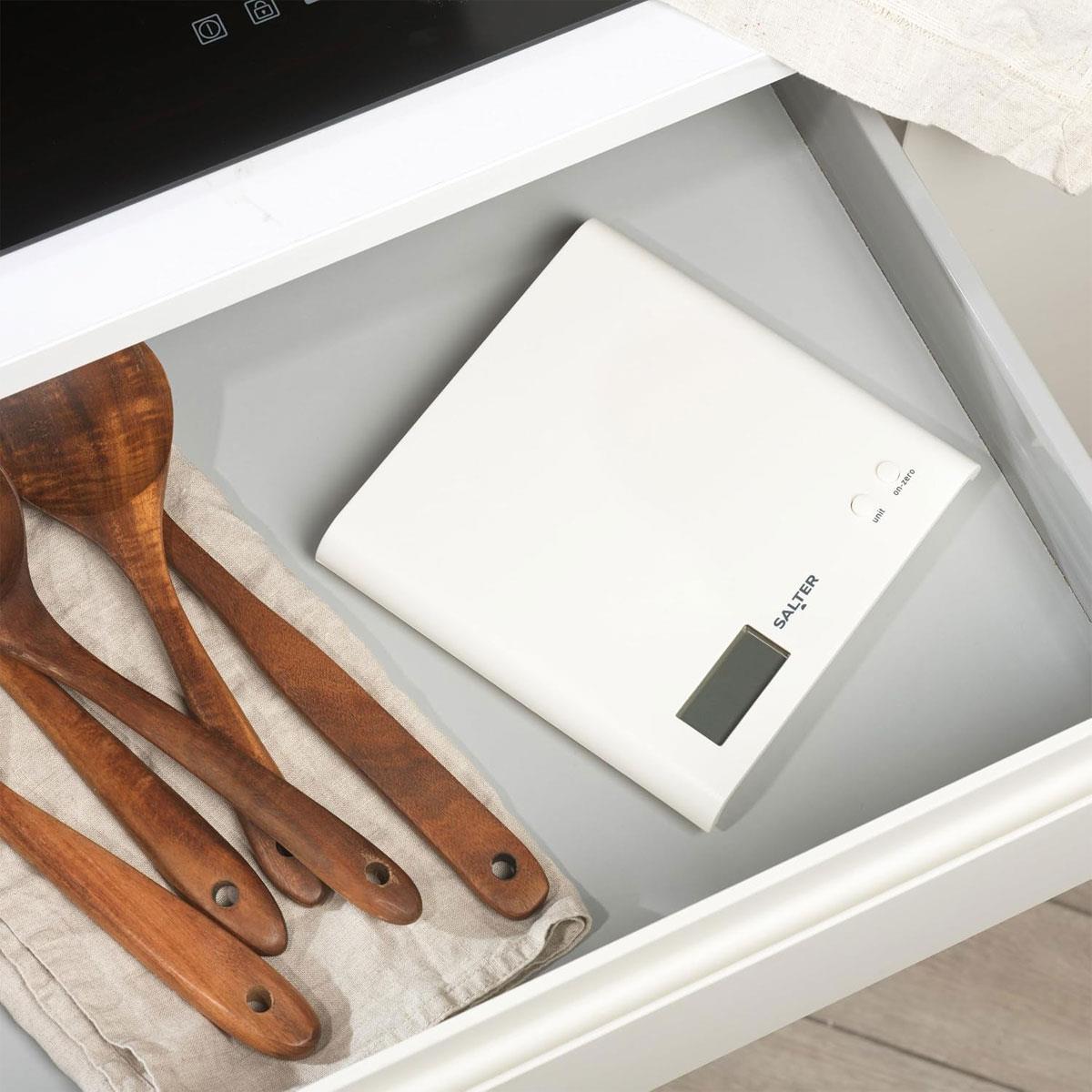 Salter Arc Digital Kitchen Scale 3kg Capacity LCD Display Slim Design Compact Storage - White