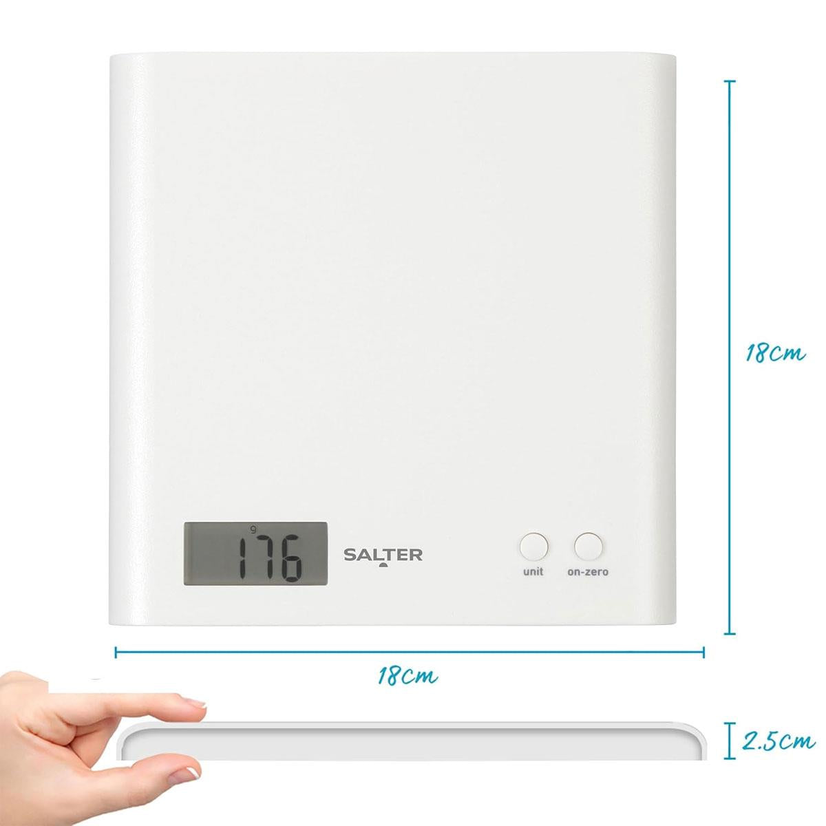Salter Arc Digital Kitchen Scale 3kg Capacity LCD Display Slim Design Compact Storage - White