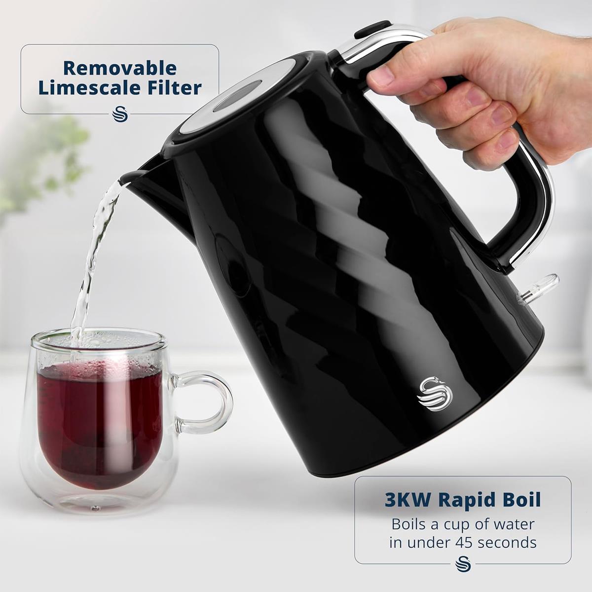 Swan Windsor Rapid Boil Electric Jug Kettle 3000W 1.7 Litres - Black