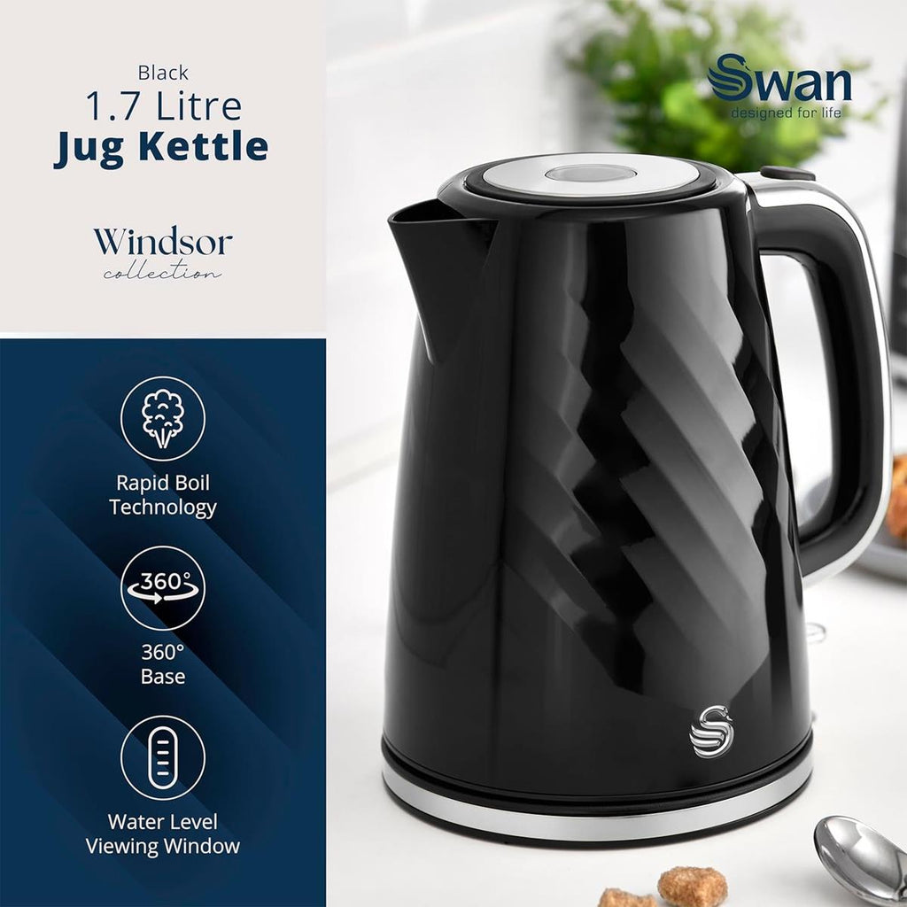 Swan Windsor Rapid Boil Electric Jug Kettle 3000W 1.7 Litres - Black
